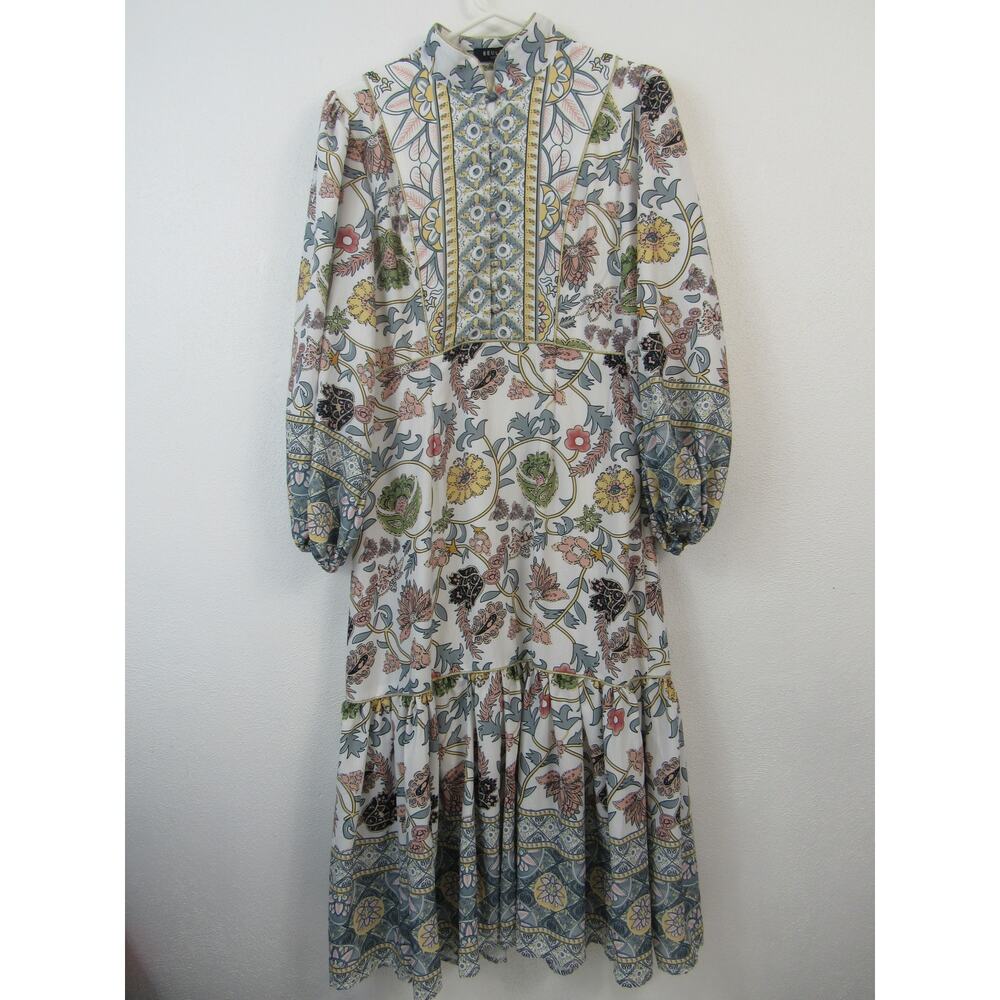 Beulah Large Floral Printed High Neck Midi Dress Bohemian Boho Retro 70s